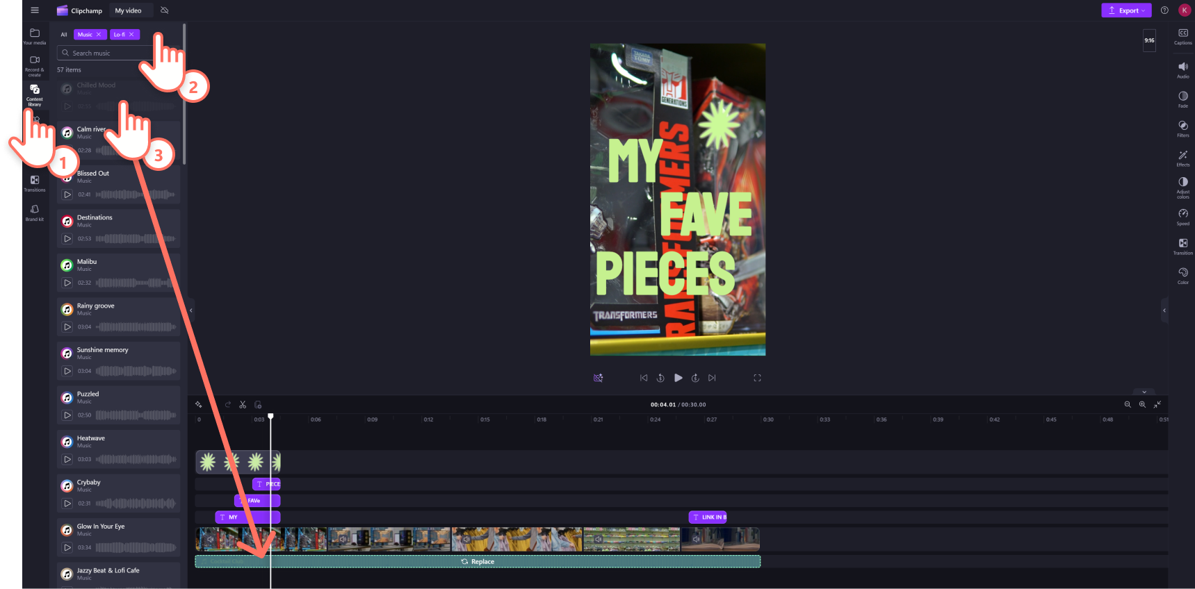 A screenshot of a Clipchamp user dragging a new audio track onto the editing timeline.