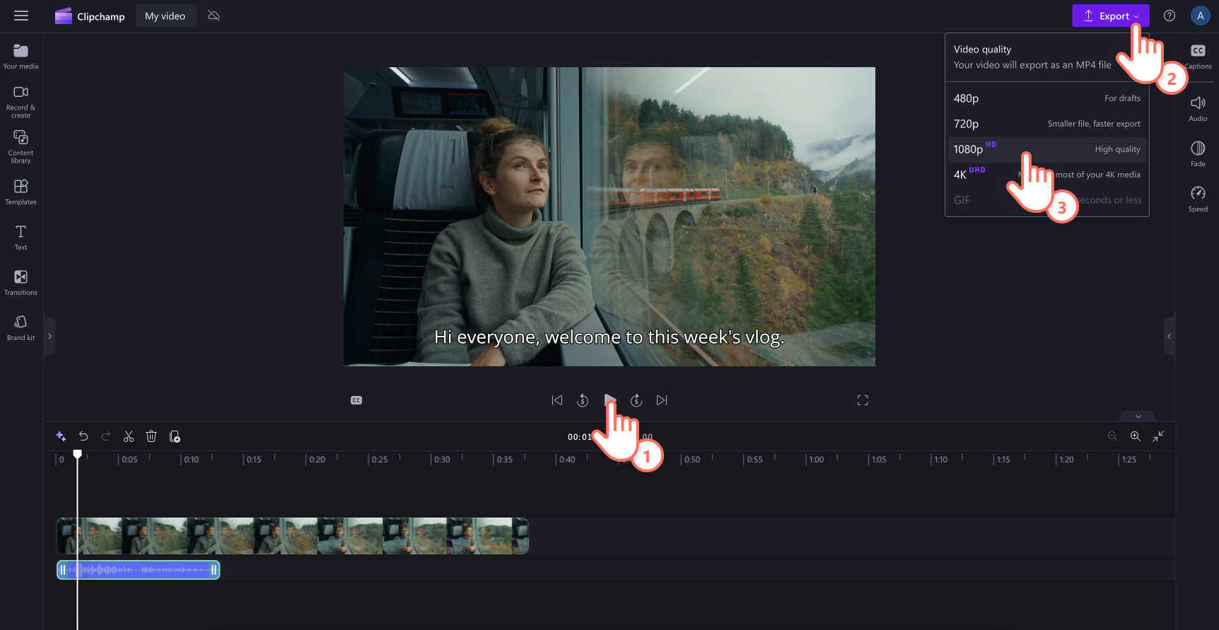 Image of a user previewing then exporting a video in 1080p.