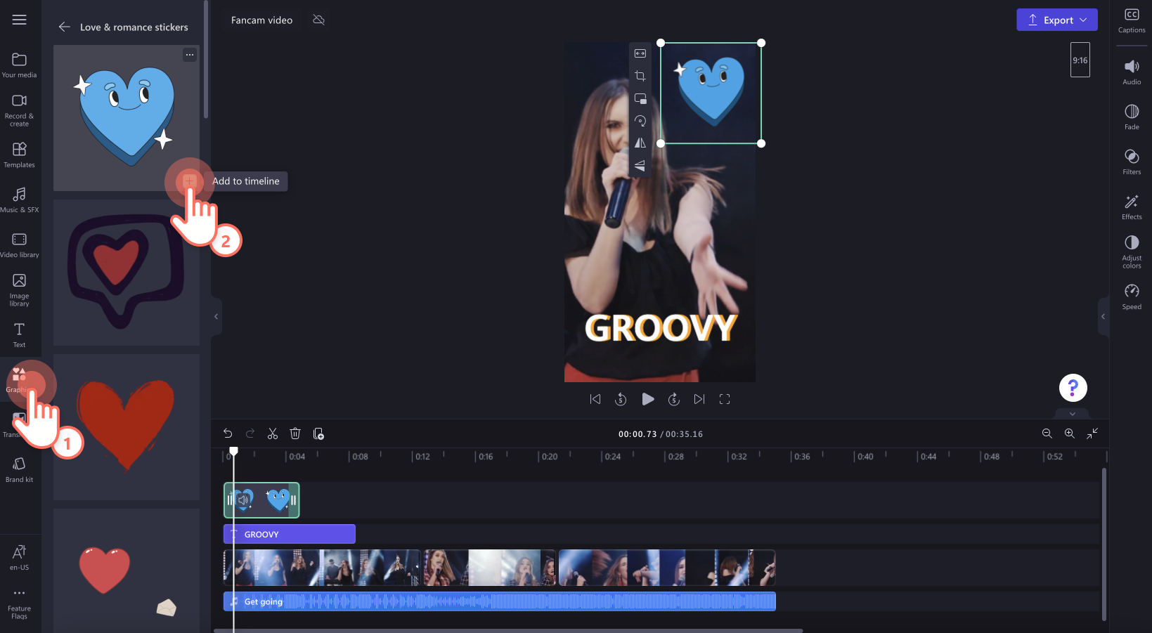 An image of a user adding stickers to their video.