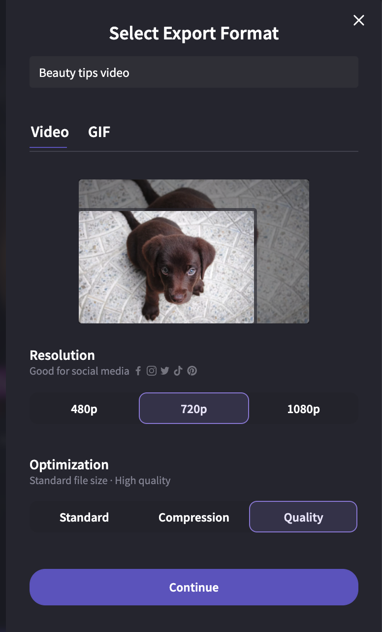 Close-up screenshot of the Clipchamp video editor export options. The 720p resolution and quality compression options are selected.
