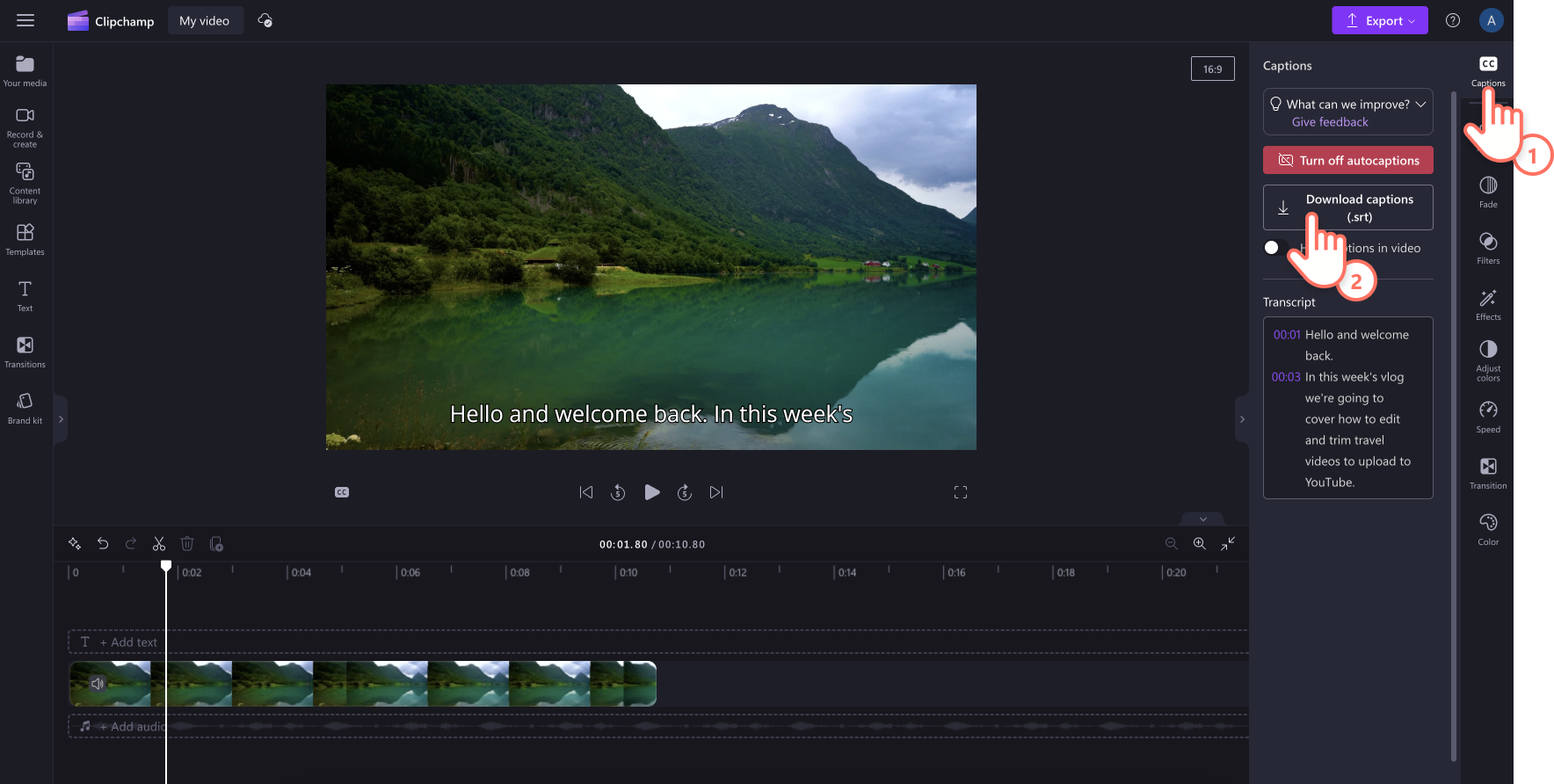 Image of a user downloading an SRT transcript of subtitles in Clipchamp.