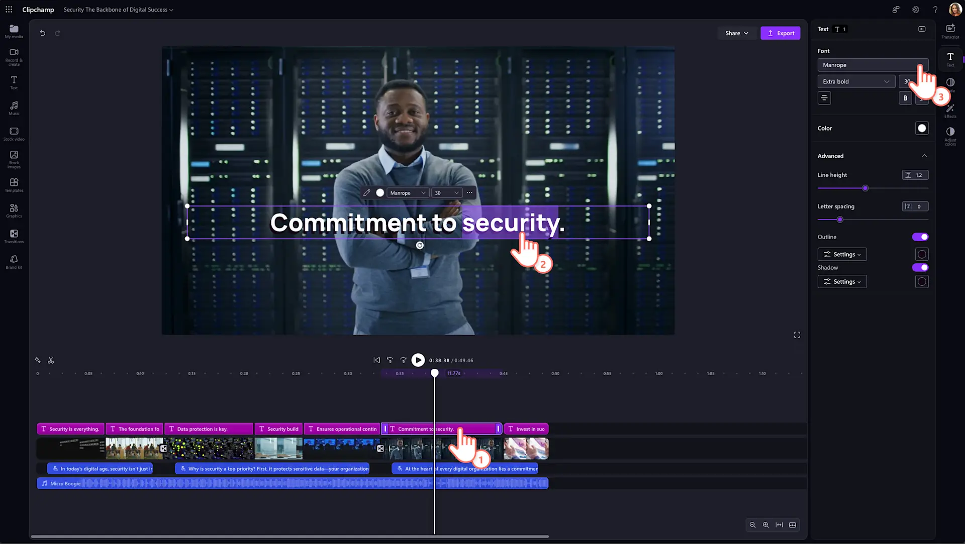 A user editing video text in Clipchamp video editor for work