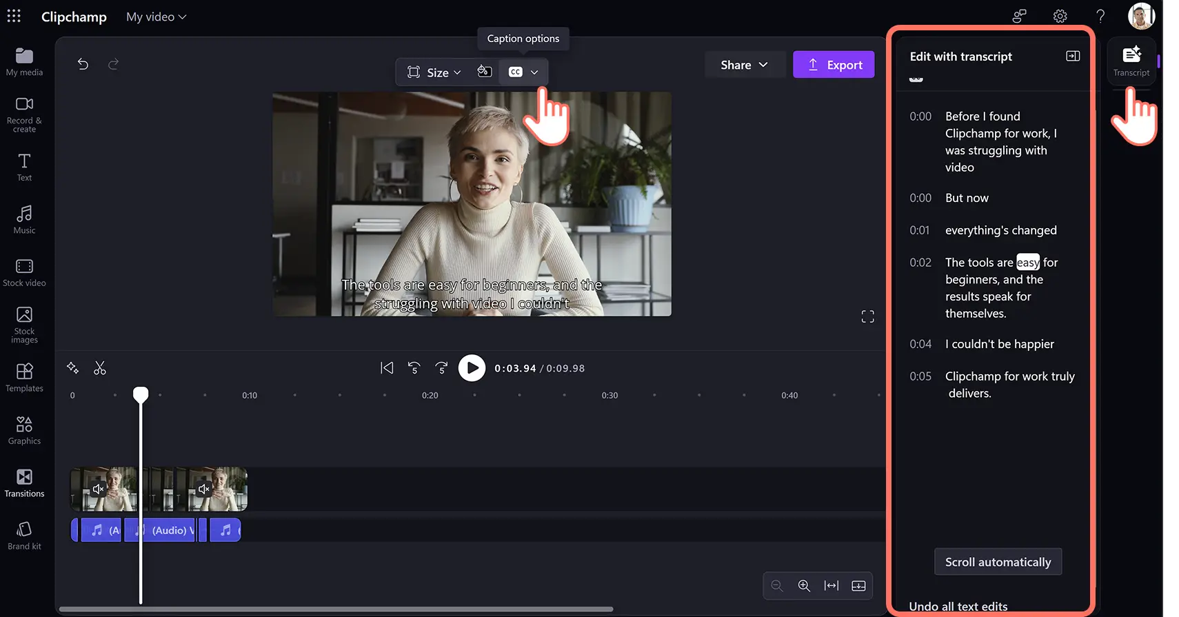 A user adding AI subtitles to a customer testimonial video in Clipchamp for work.