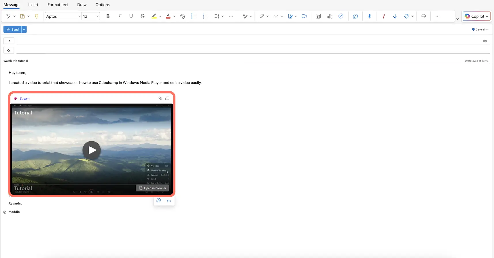 Pengguna menyematkan video onedrive di Outlook