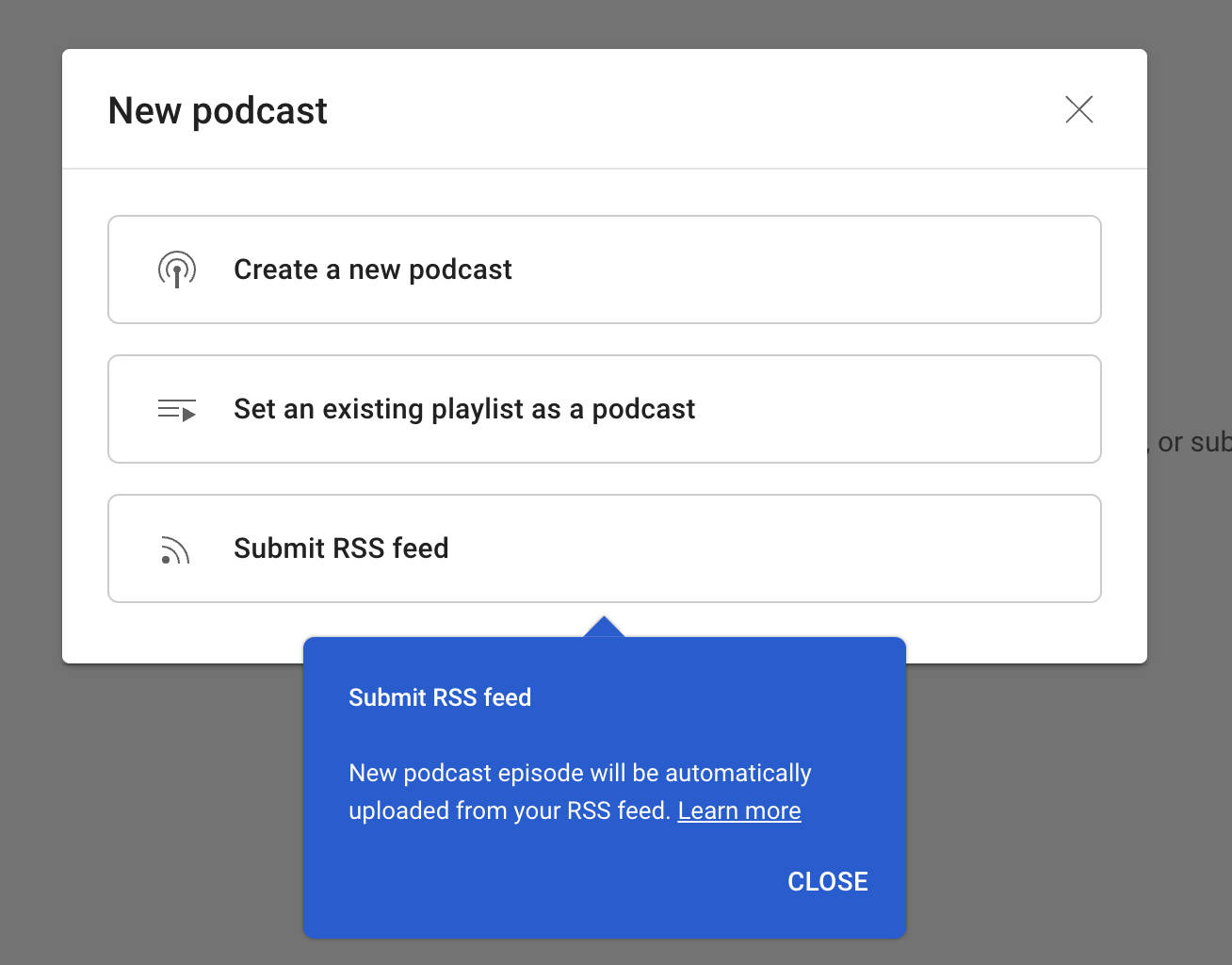 Options to upload a podcast on YouTube