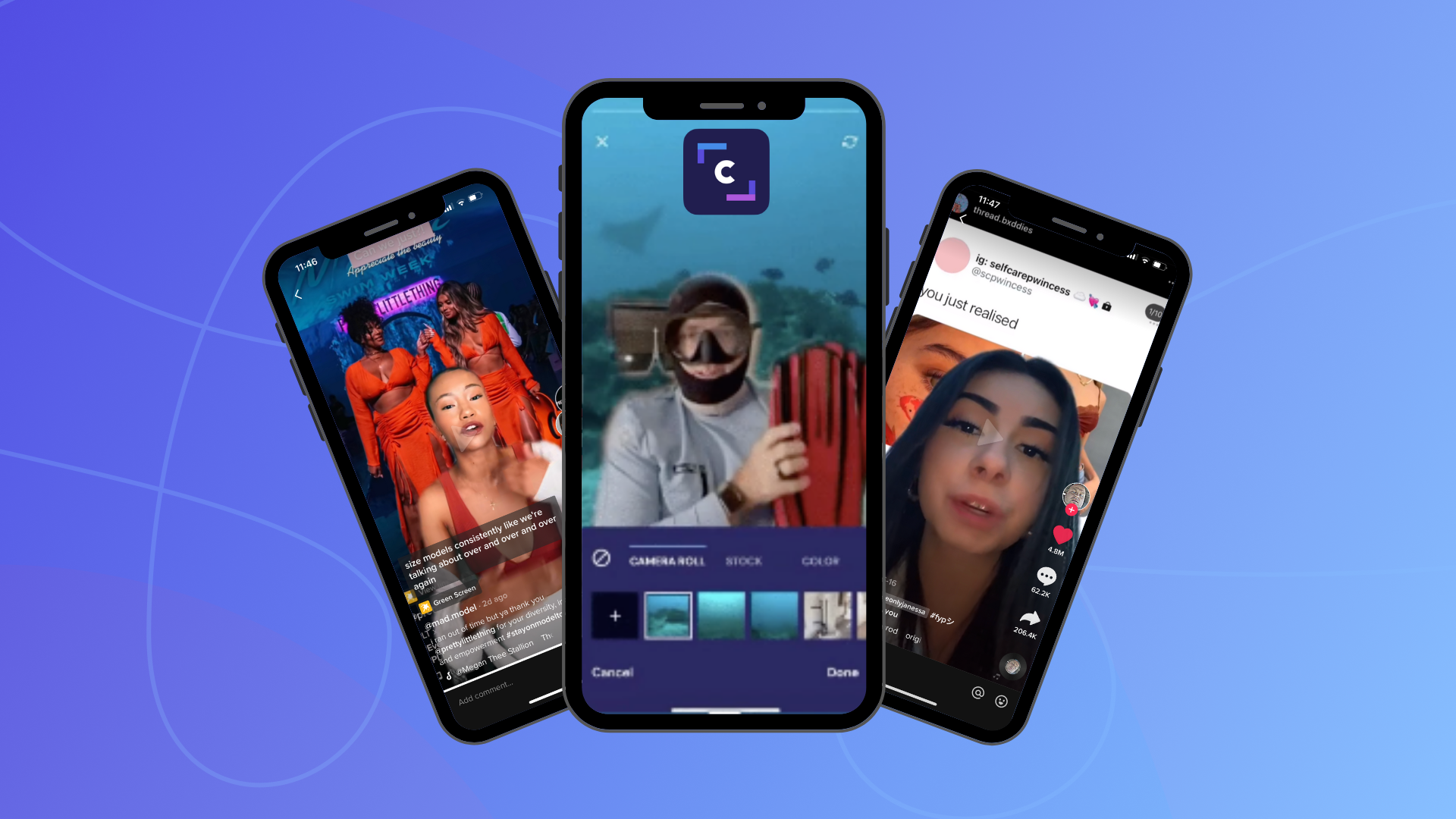 Three iphones playing videos with backgrounds replaced using Clipchamp mobile app