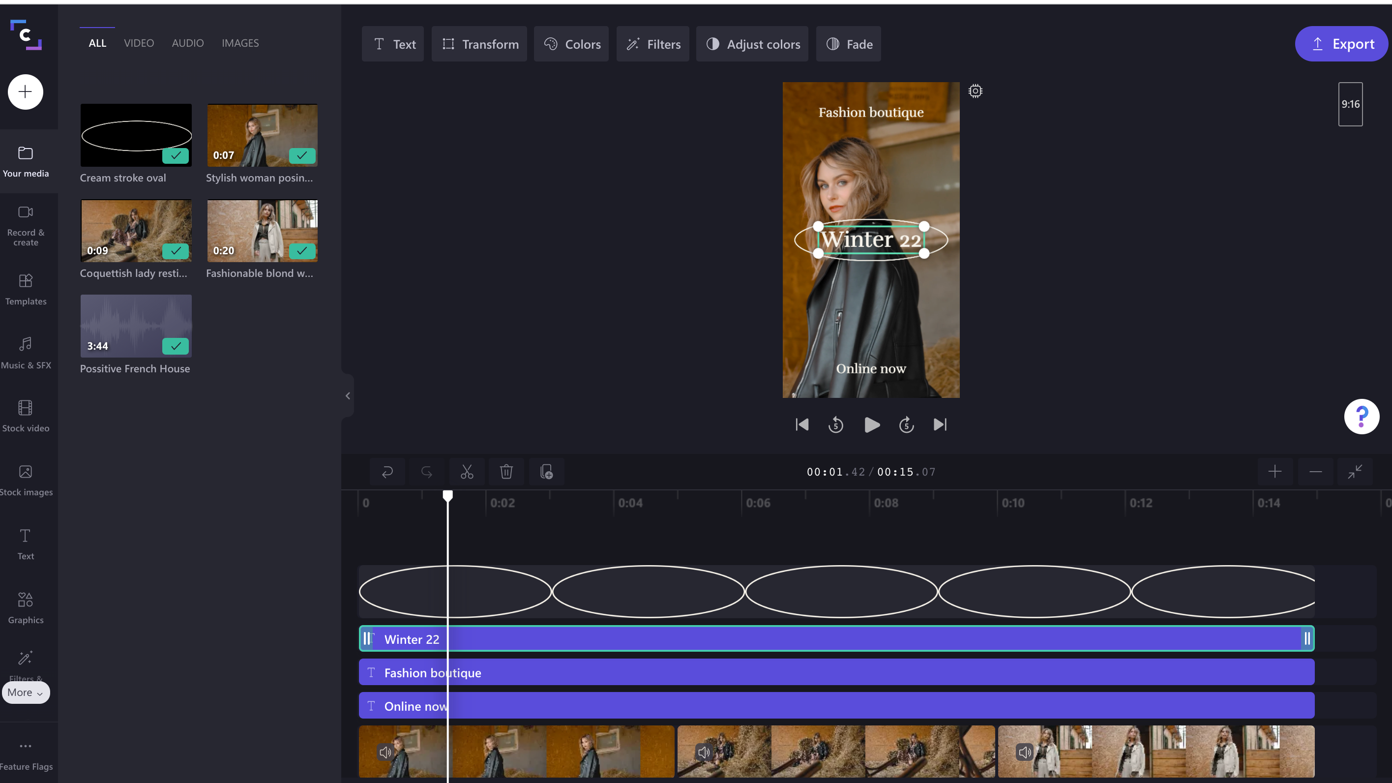 A screenshot of the Clipchamp video editor with a TikTok template open on the timeline.