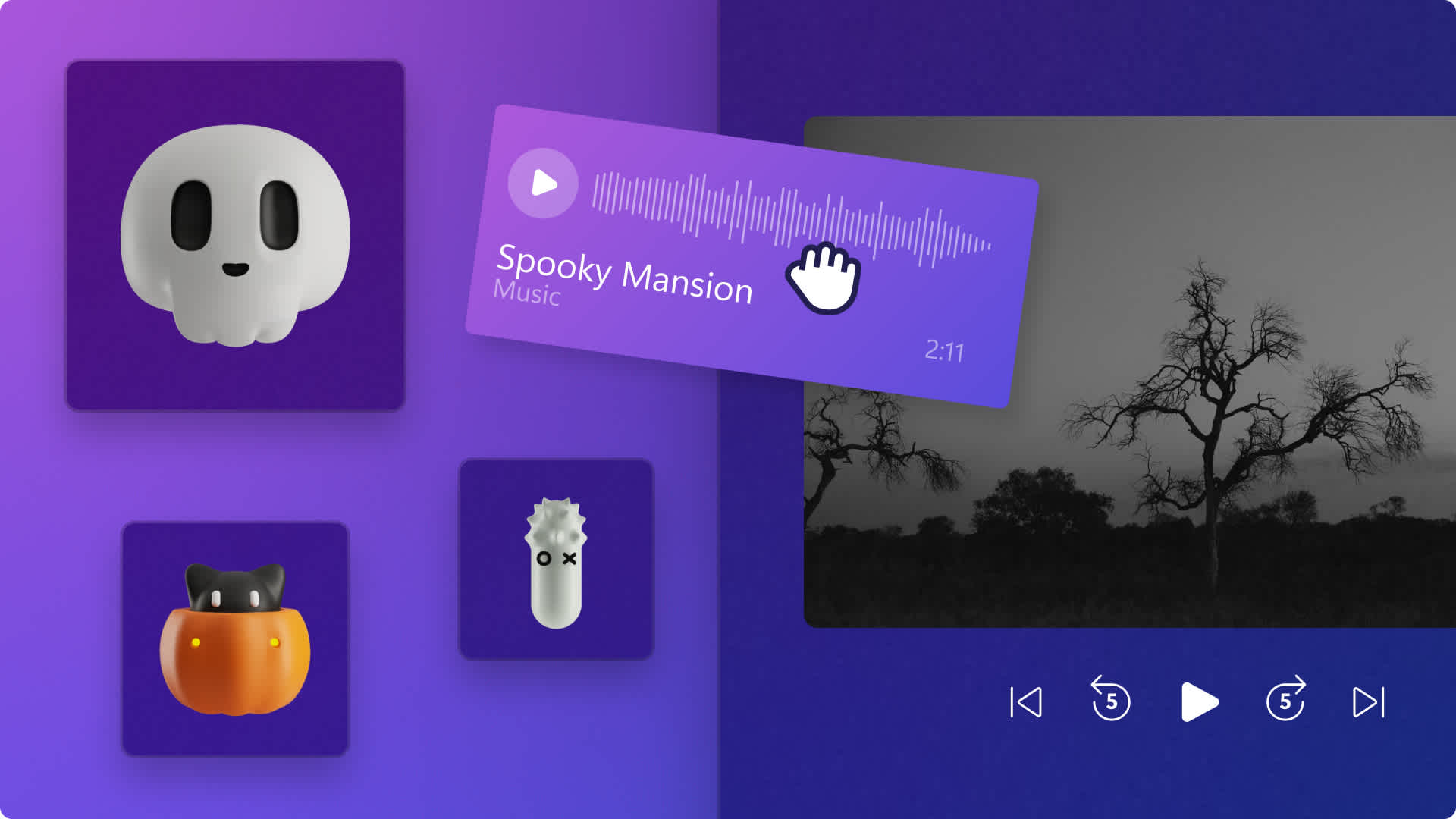 An image of Halloween stickers and music inside the editor.