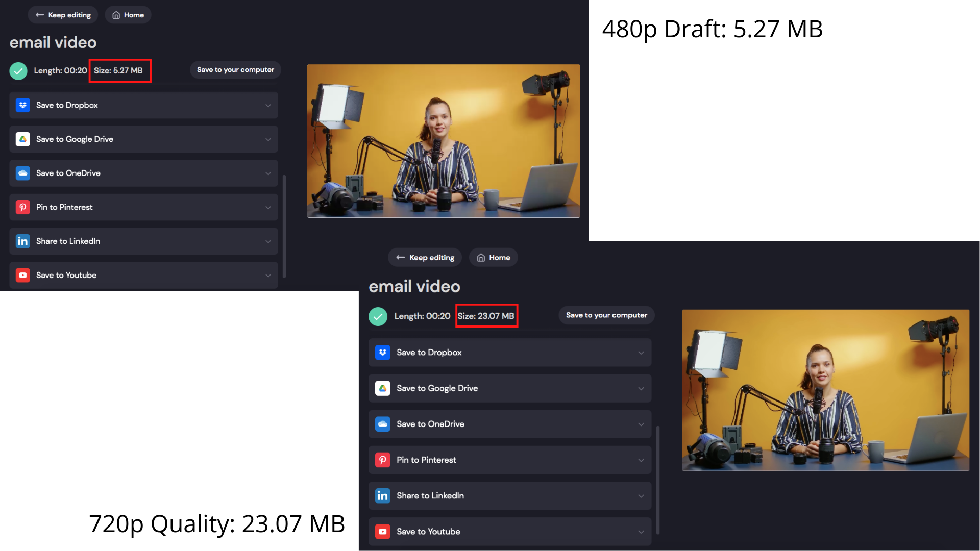 Clipchamp's different file size option