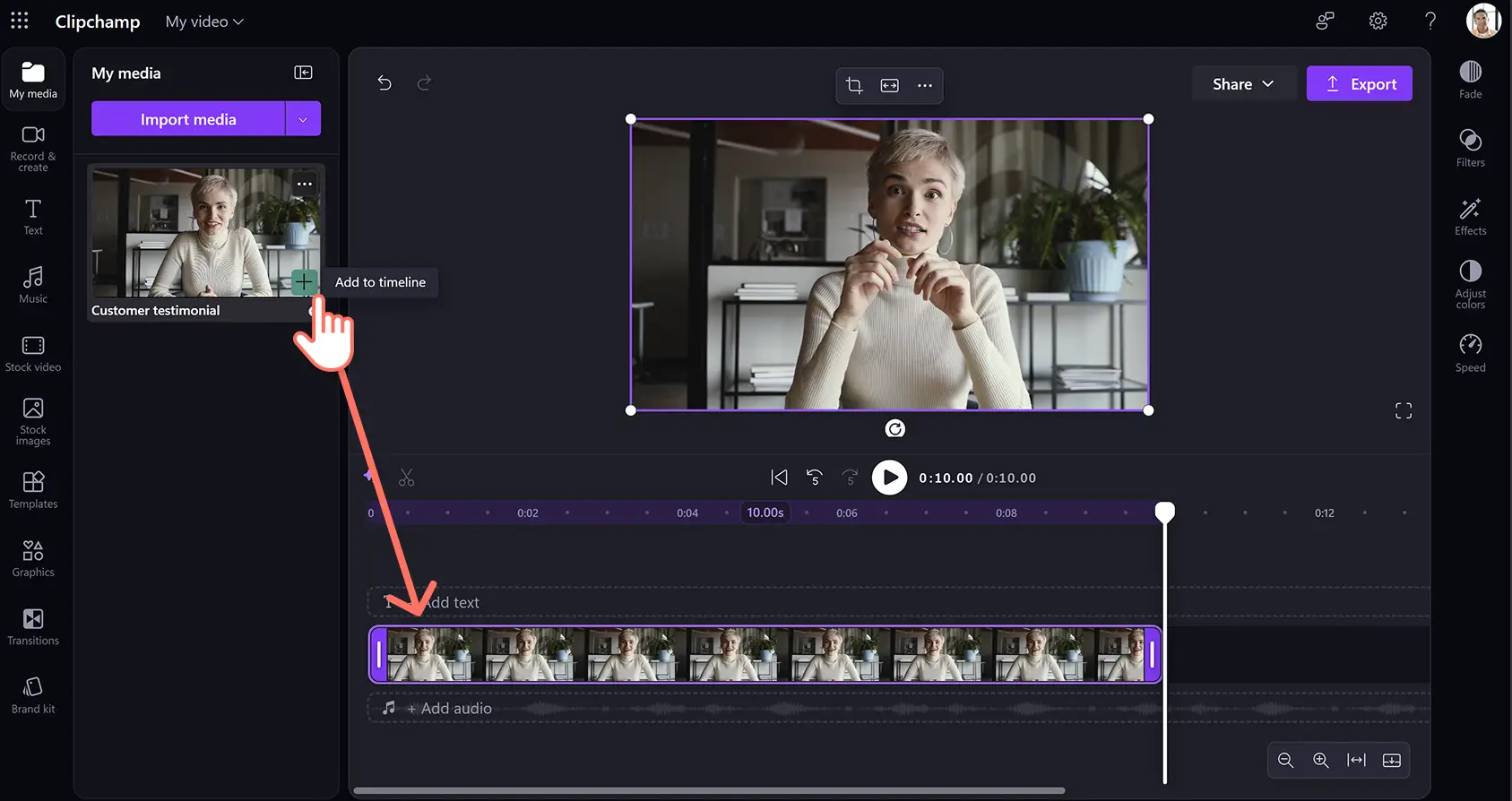 A user adding media for a customer testimonial video in Clipchamp for work.