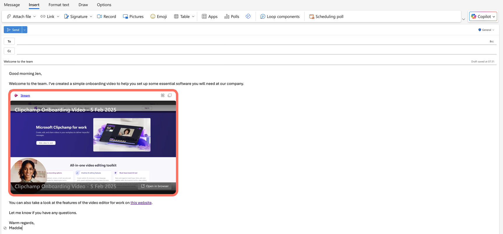 How to record and embed videos in Microsoft Outlook | Clipchamp Blog