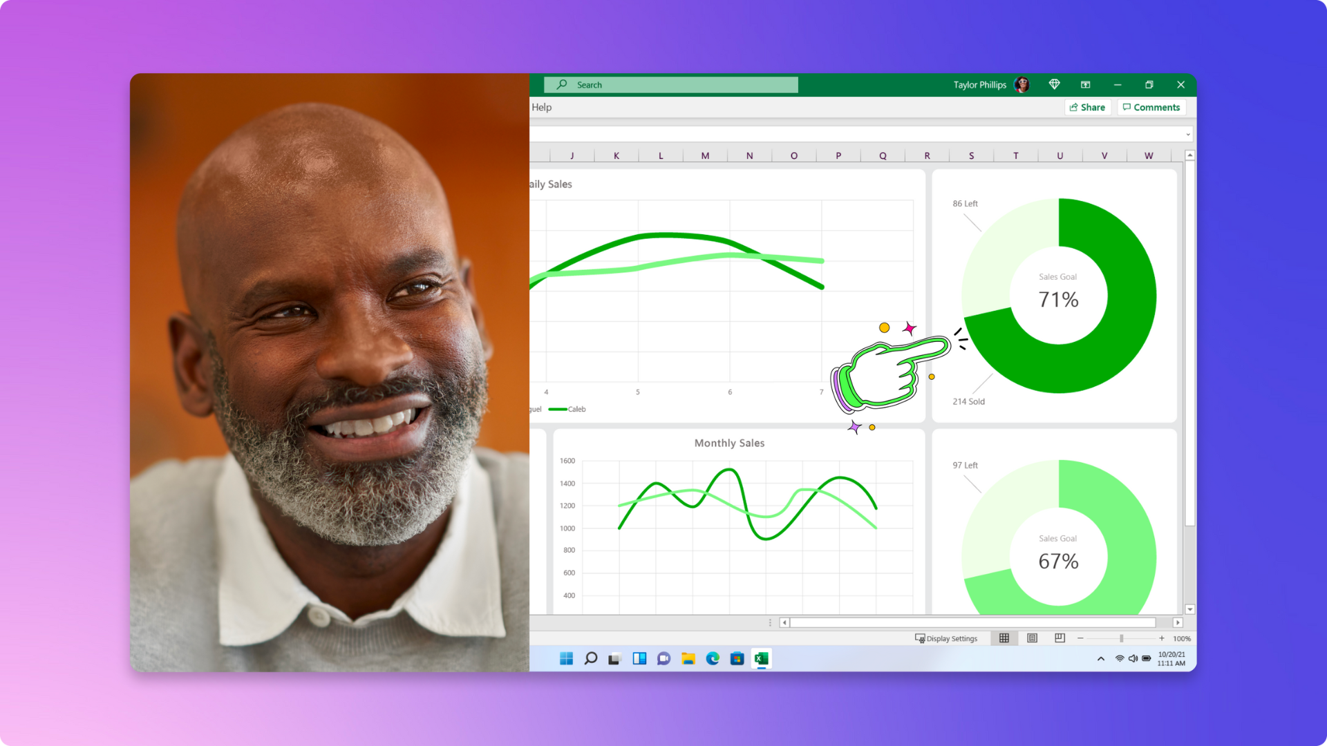 A close-up of a man's face sharing his excel document using the screen and webcam recorder feature.  