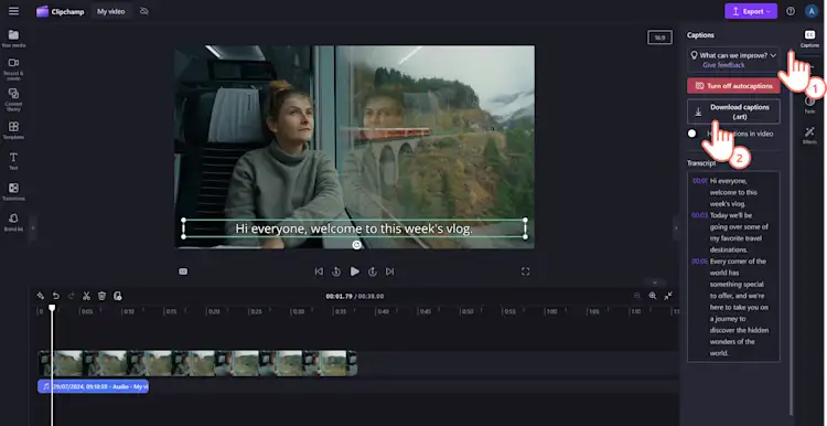 ユーザーがキャプションのトランスクリプトを SRT ファイルとしてダウンロードする様子の画像。