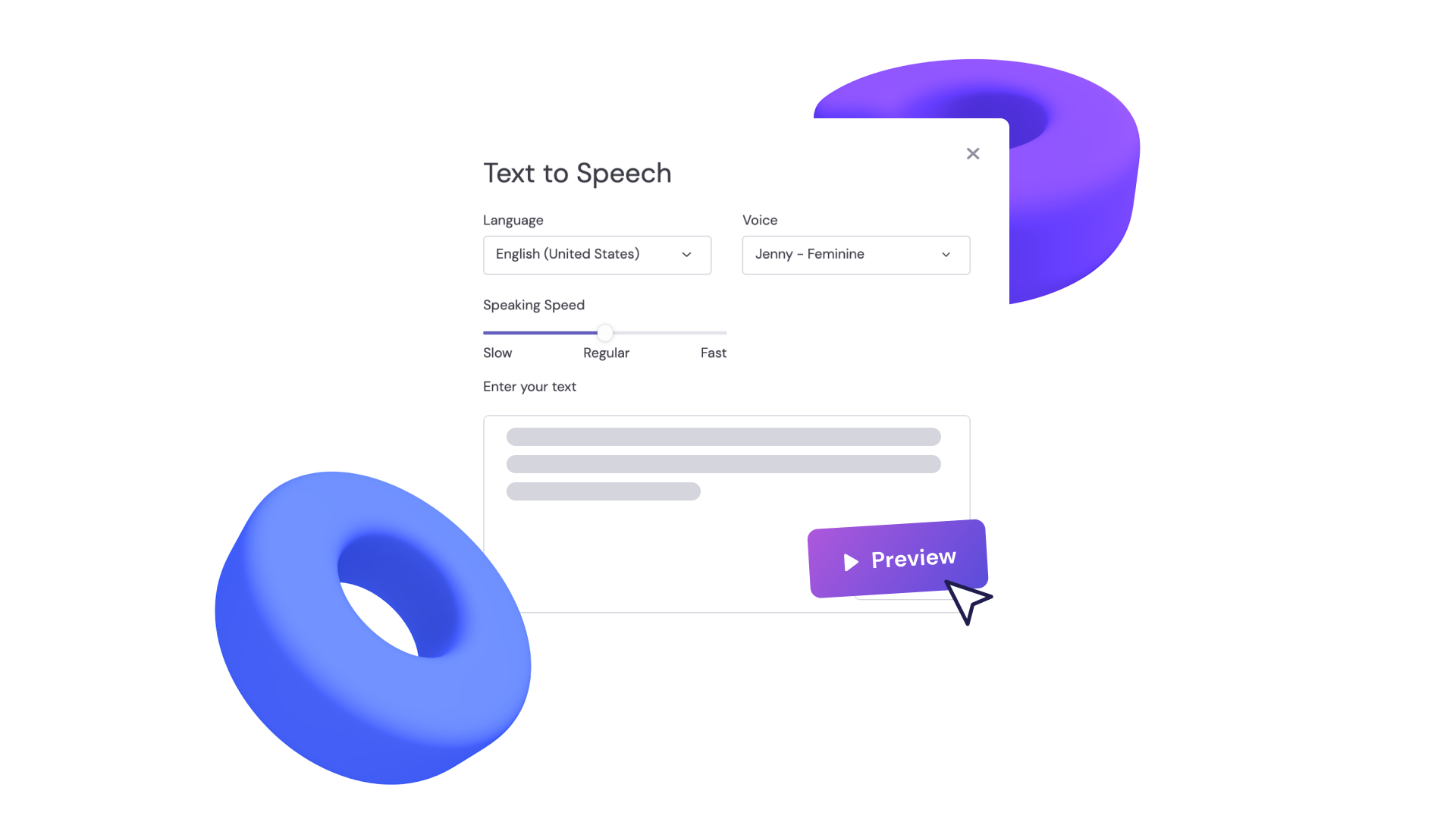 A mouse hovers over the preview button of the text to speech feature. A language, voice, and speaking speed are chosen and text is entered.