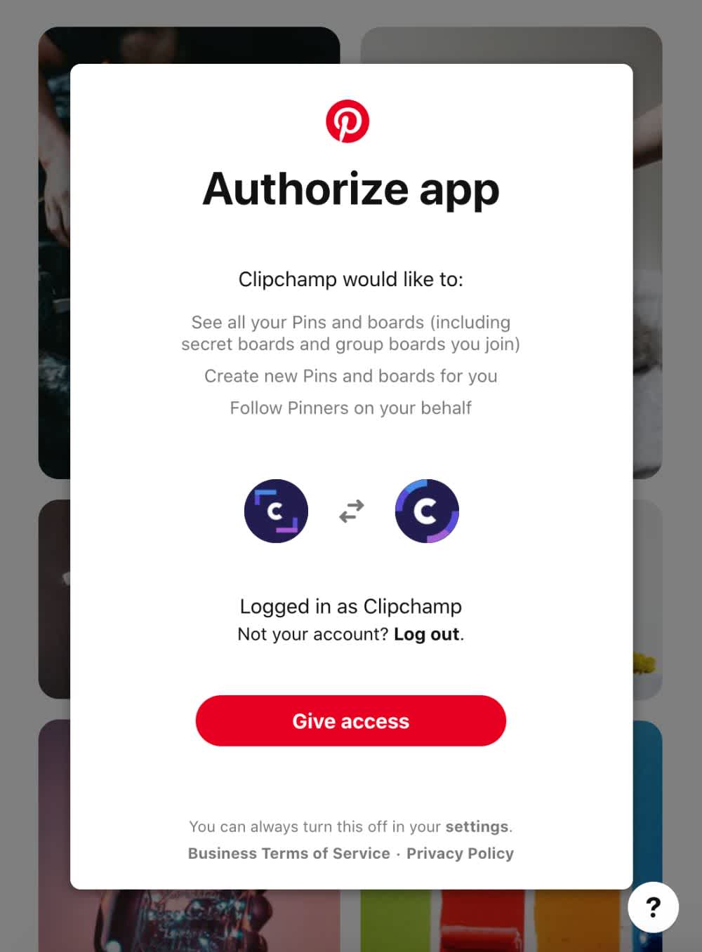 Screenshot of an "authorize app" message from Pinterest. Below an access request is a "give access" button.
