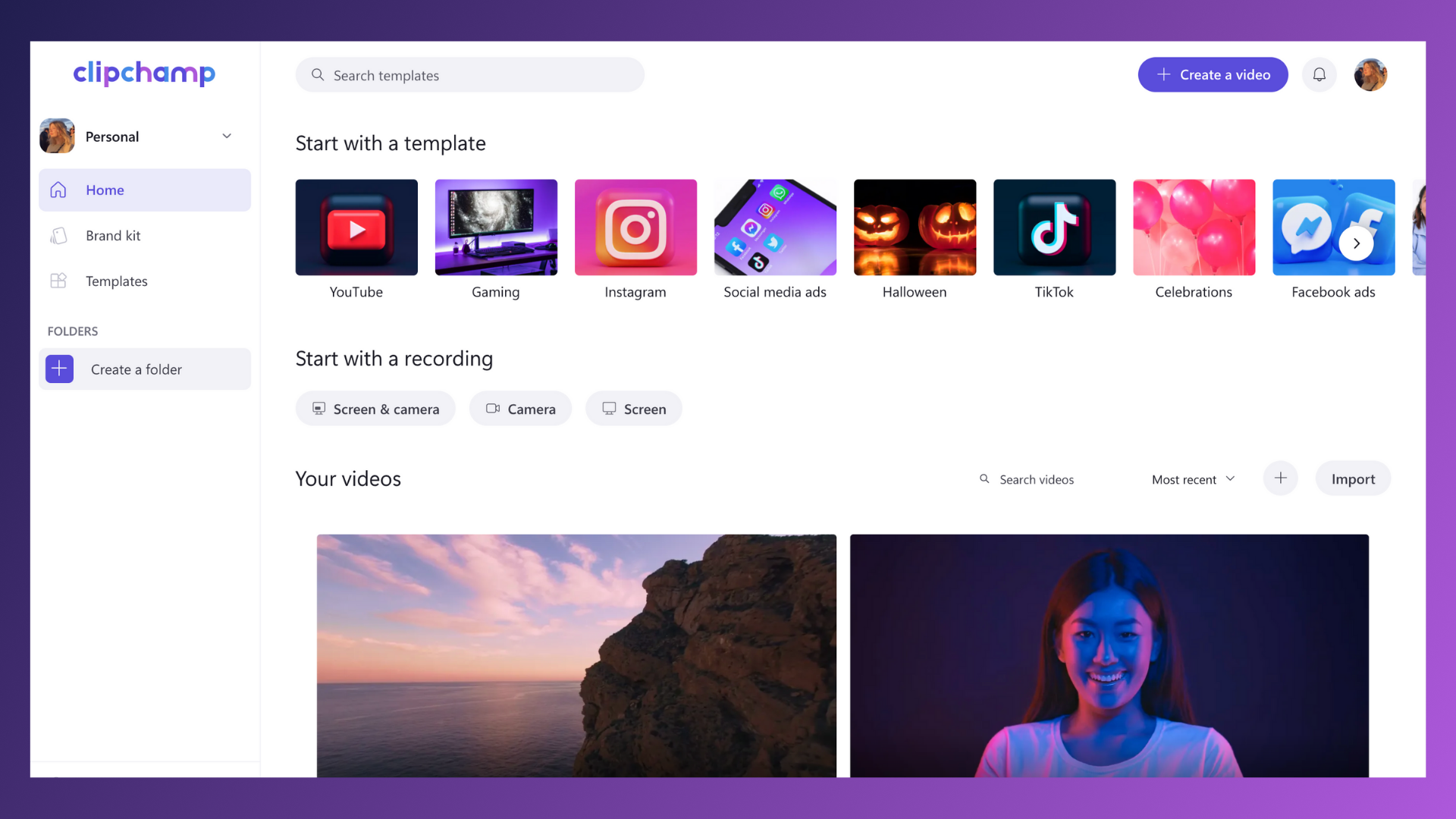 A screenshot of the Clipchamp home page. A mouse curser hovers over the "Create a folder button", next to it multiple videos are saved.
