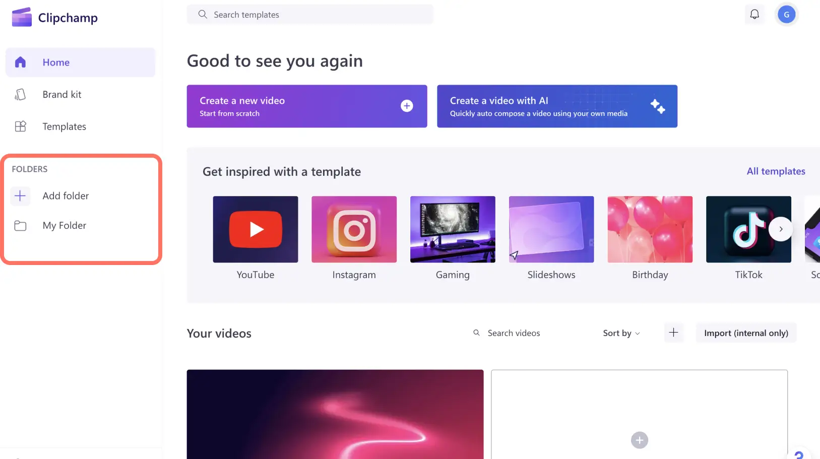 Cuplikan layar beranda Clipchamp. Kursor mouse berada di atas "tombol Buat folder", dan di sebelahnya ada beberapa video disimpan.