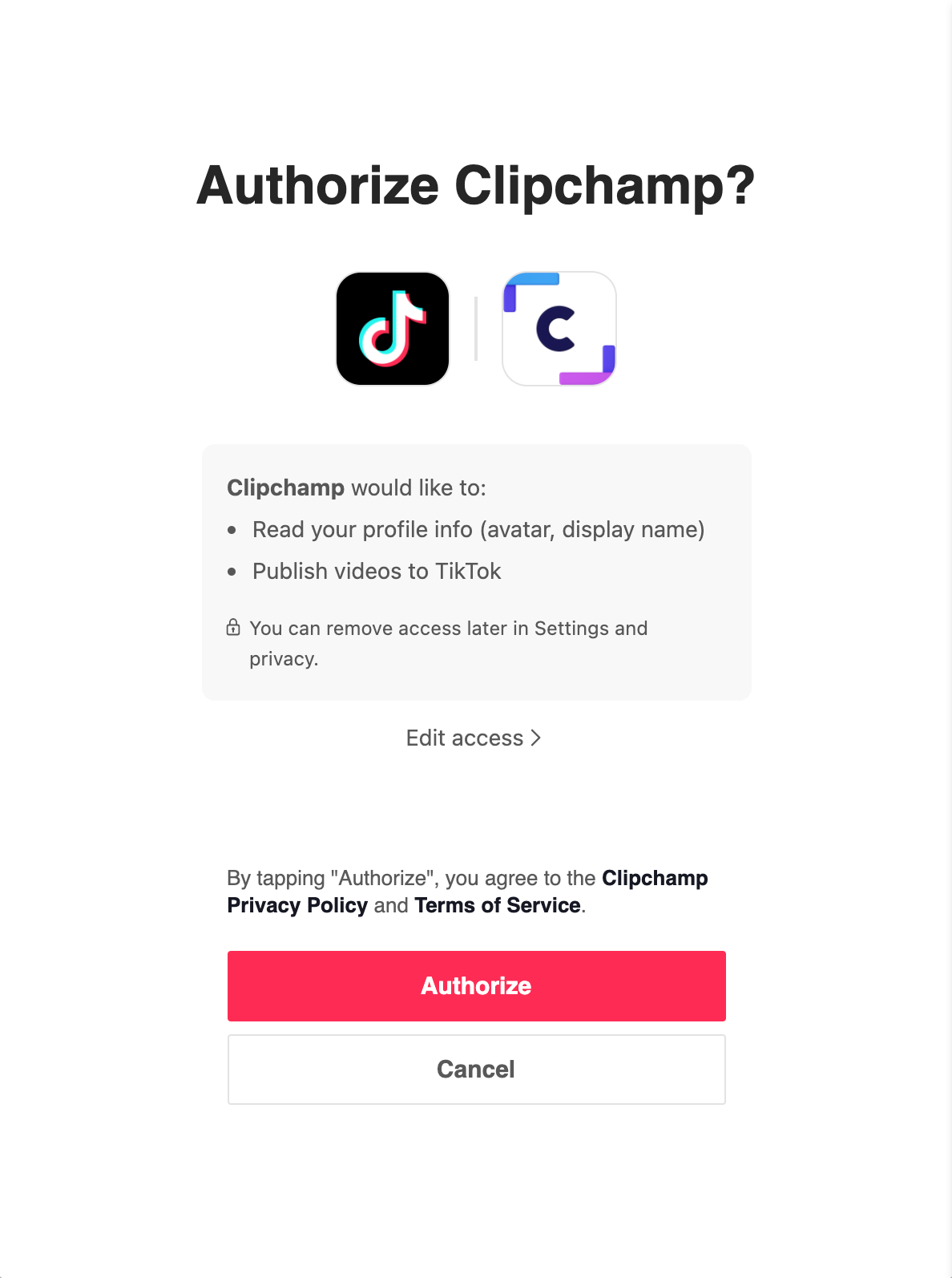 A screenshot of the TikTok Clipchamp authorization message.