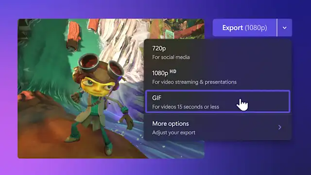 Clipchamp’ten bir videoyu dışarı aktarmak için farklı çözünürlükleri gösteren bir görüntü. GIF olarak farklı kaydet seçeneği imleçle vurgulanır.