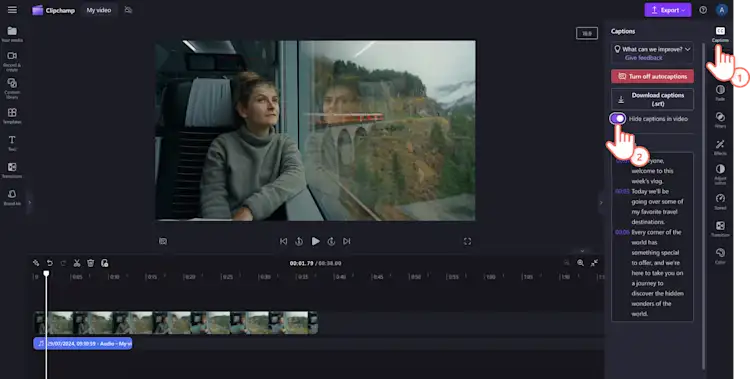 ユーザーが Clipchamp で自動キャプションを非表示にする様子の画像。