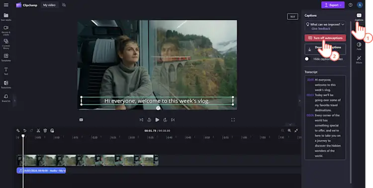 ユーザーが Clipchamp で自動キャプションをオフにする様子の画像。