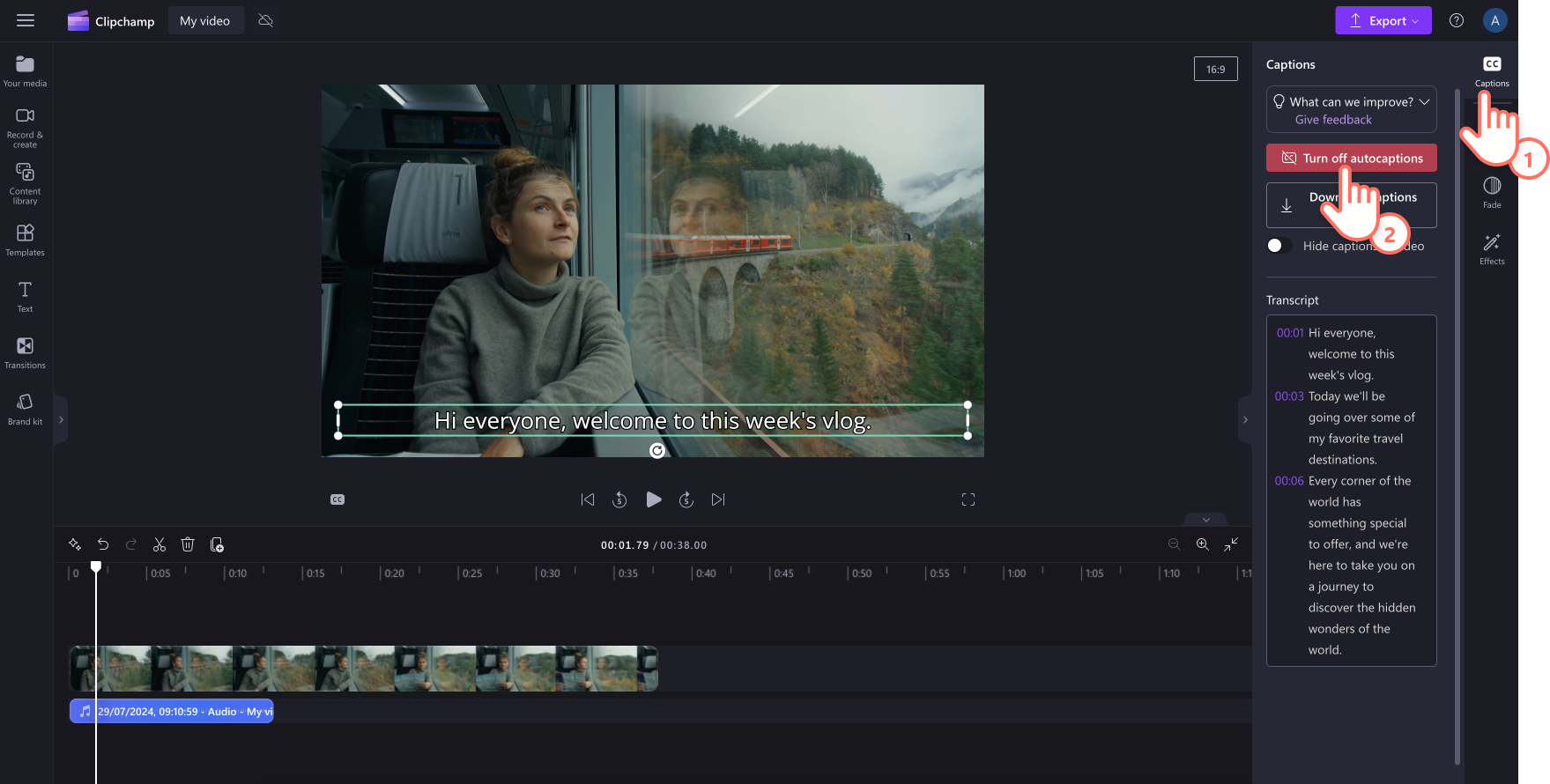Image of a user turning off autocaptions in Clipchamp.