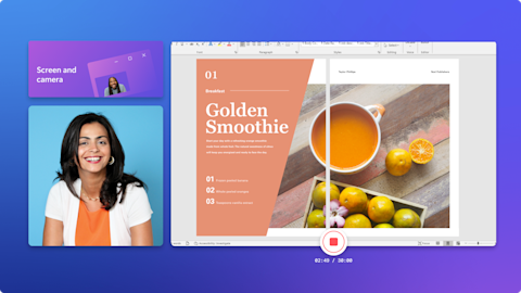 Hình ảnh một người phụ nữ đang sử dụng trình ghi màn hình và camera của Clipchamp.