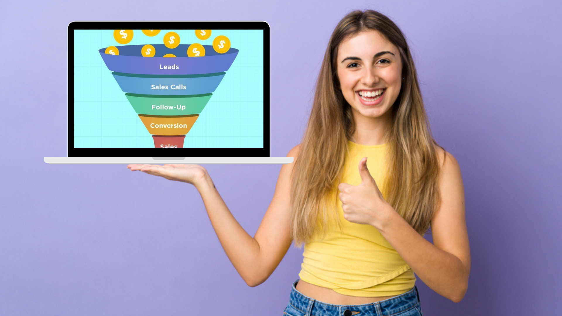 Girl smiling and holding laptop with an visual chart of a sales funnel