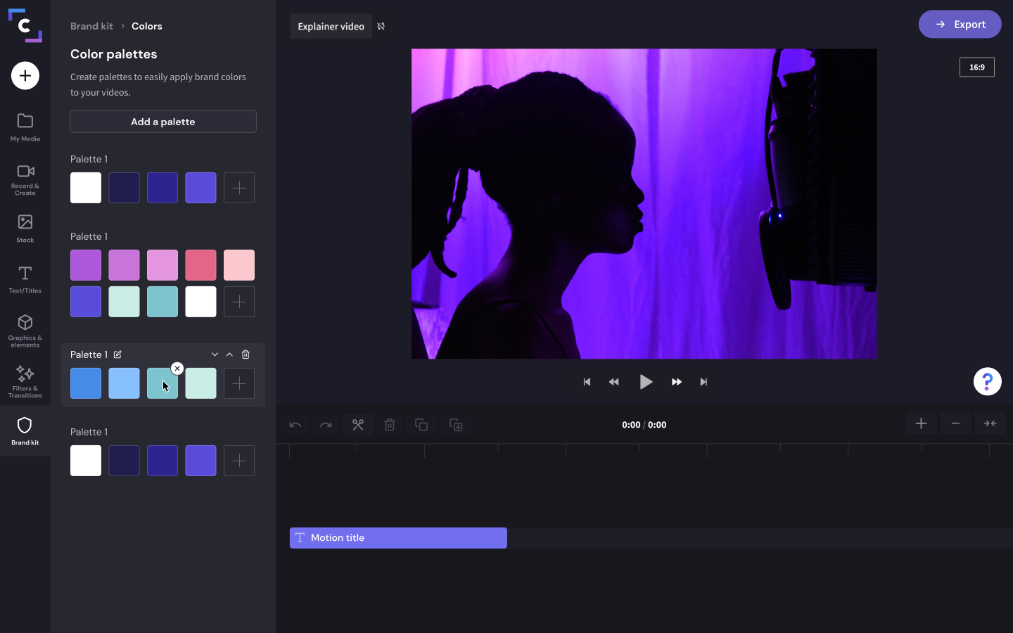 The color selector in the brand kit tab is open in the Clipchamp video editor.