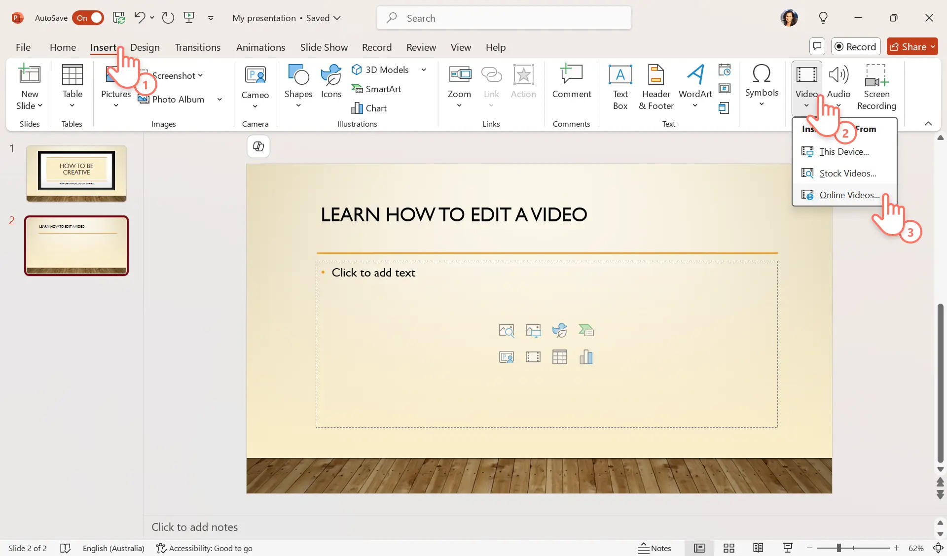 A user trying to add an online video to PowerPoint