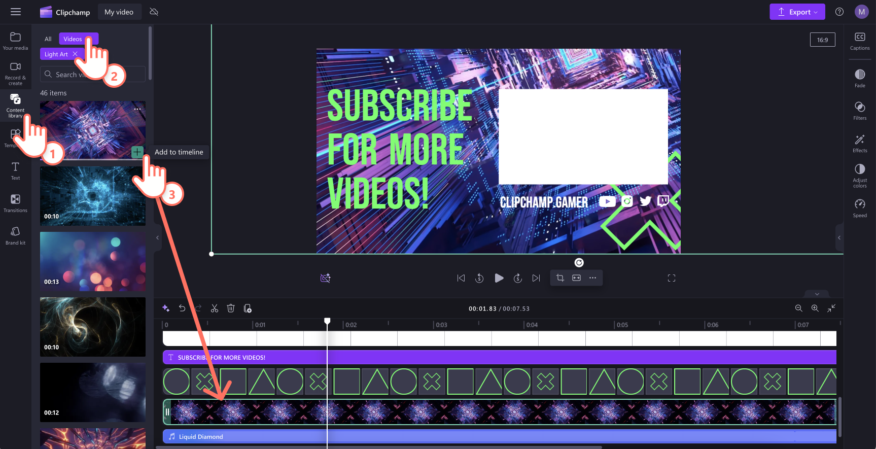 Hình ảnh người dùng thay thế nội dung đa phương tiện trong kho lưu trữ trong Clipchamp