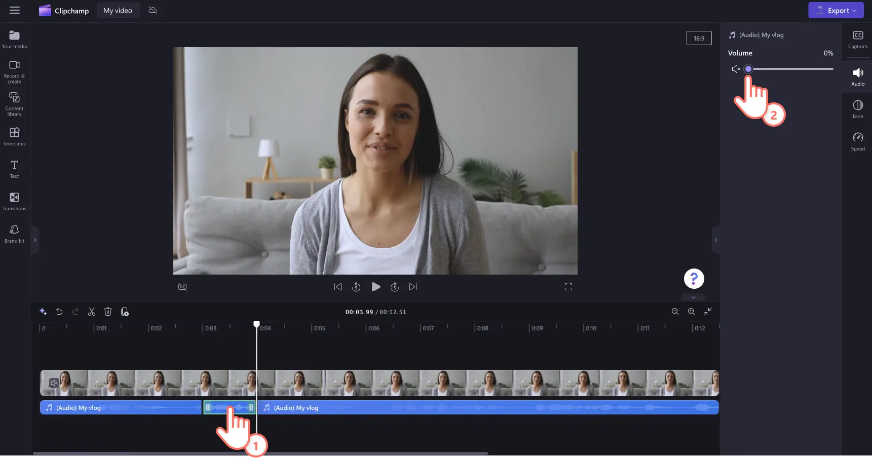 Separar o áudio e silenciar o vídeo no Clipchamp