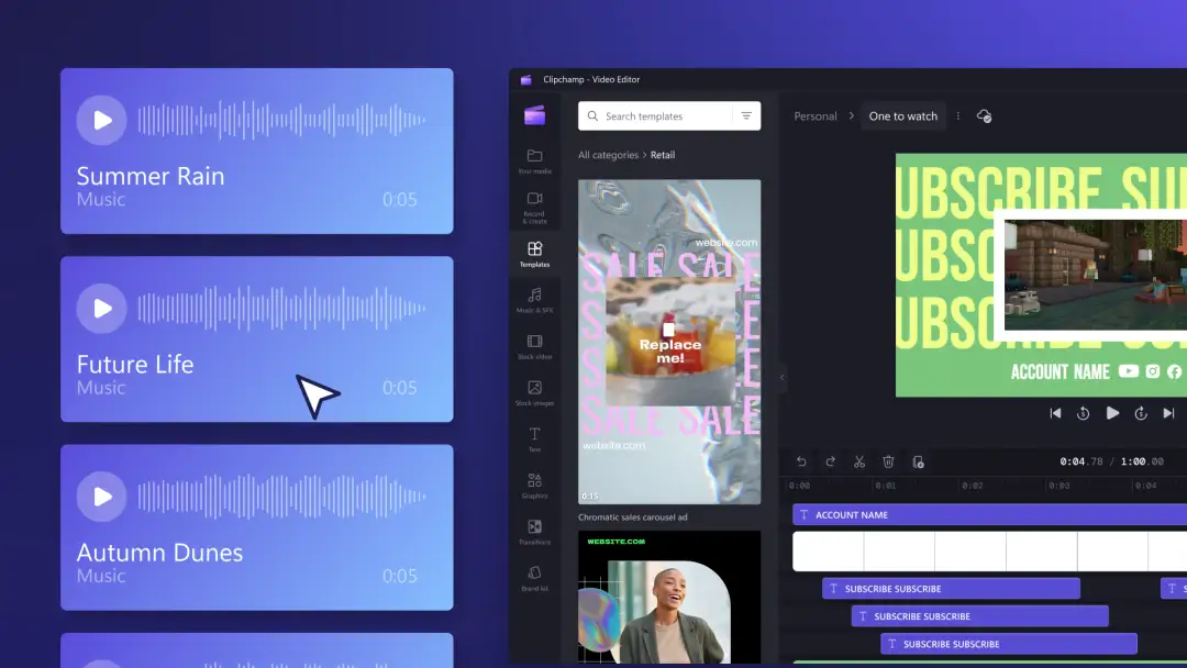 Imej editor Clipchamp dengan muzik tanpa royalti.