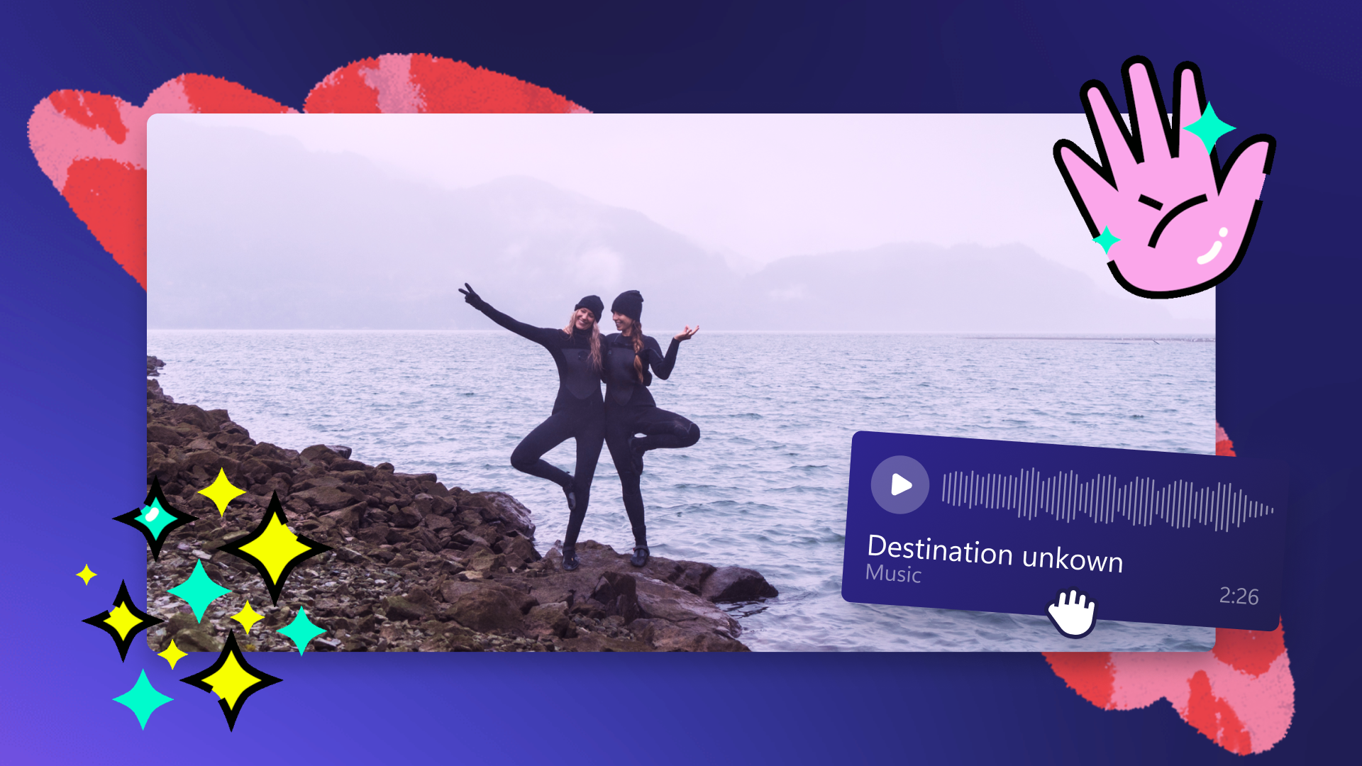 An image of two girls in a yoga pose standing near a river and taking a selfie. There are stickers on top of the image.