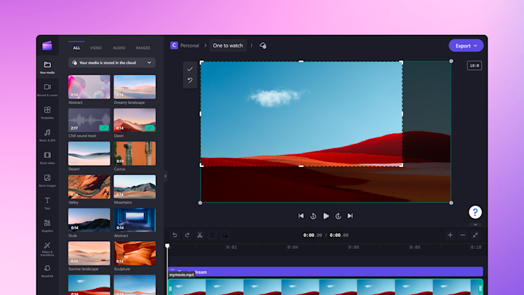 An image of the crop feature in action in Clipchamp which shows a section of a landscape being selected for cropping.