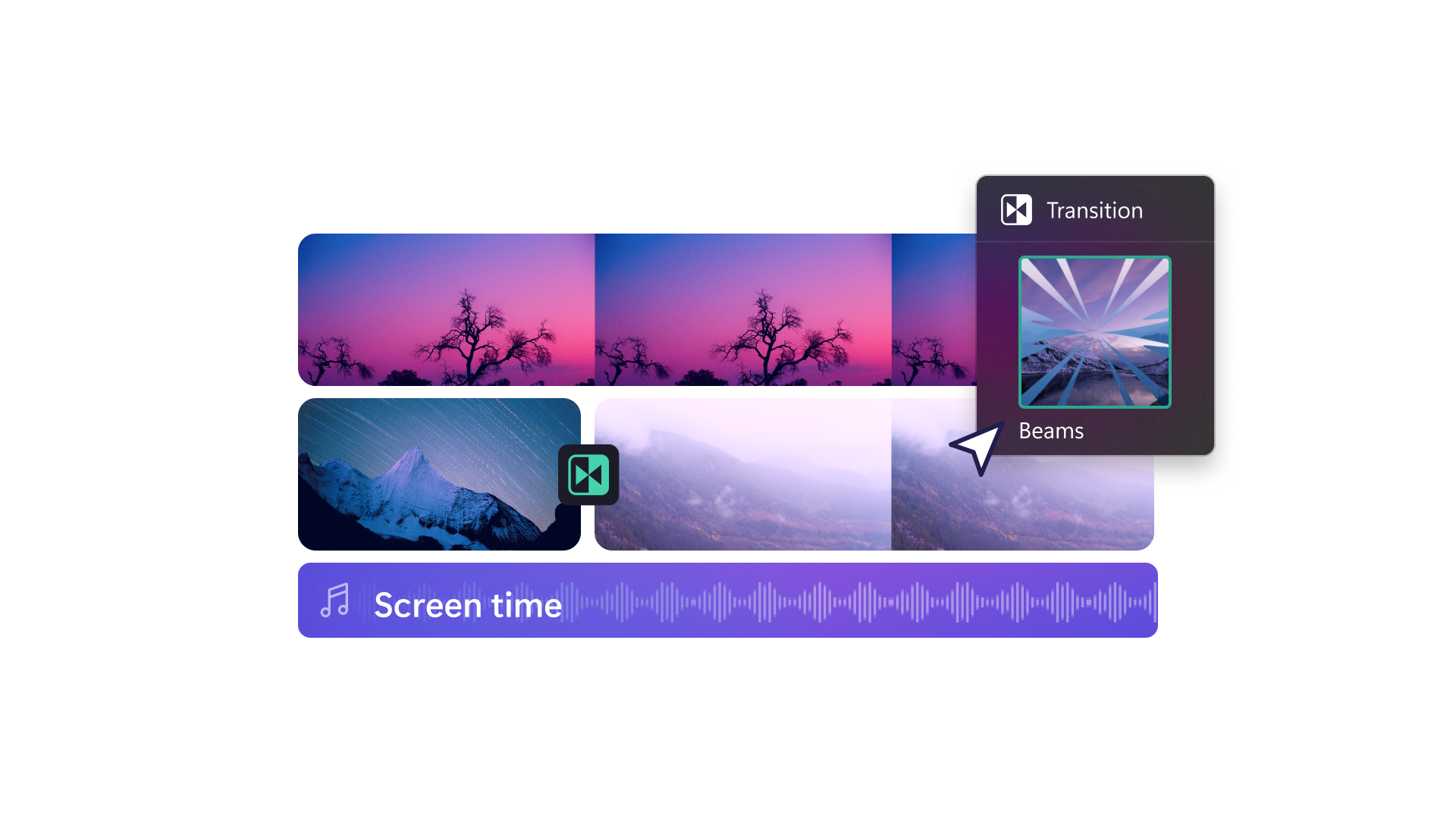 Image de différents fichiers multimédias en cours de montage dans Clipchamp, avec des vidéos sur la nature, de la musique et une transition