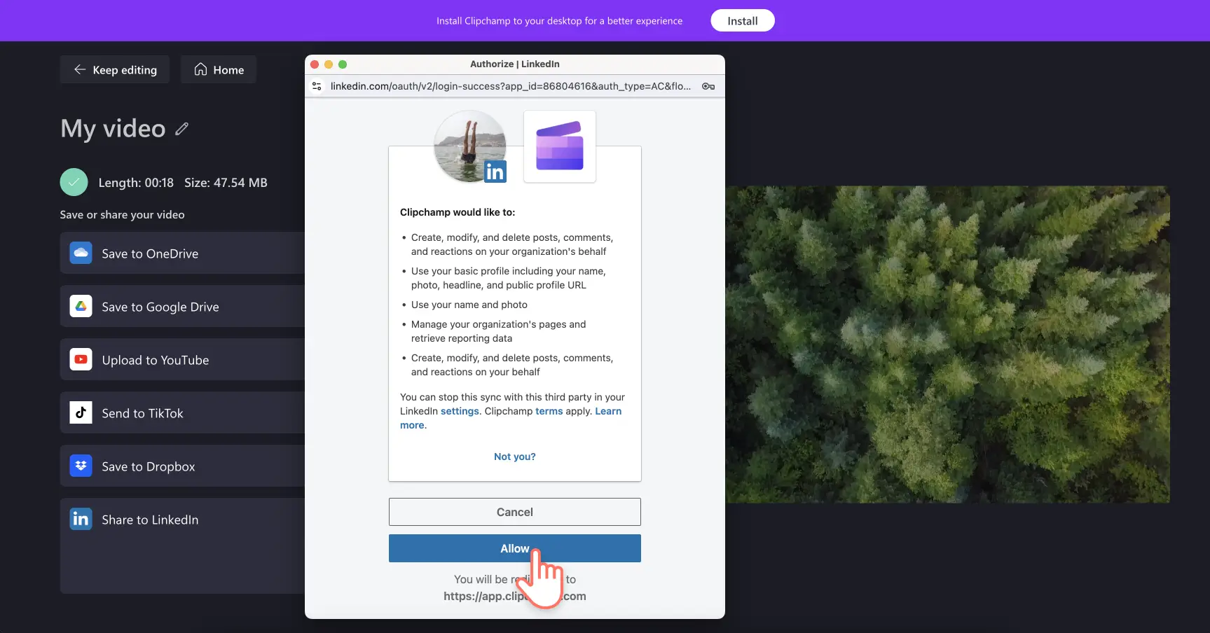 Hình ảnh người dùng cấp quyền truy nhập vào Clipchamp cho LinkedIn.