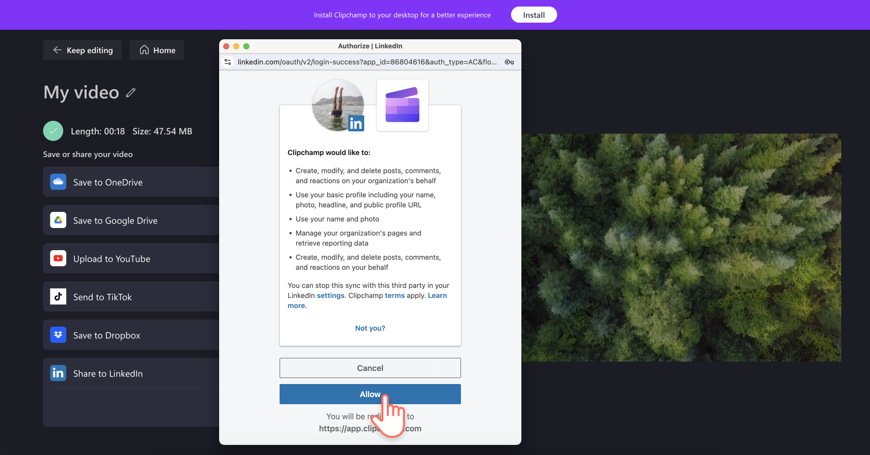 Image of a user granting Clipchamp access to LinkedIn.