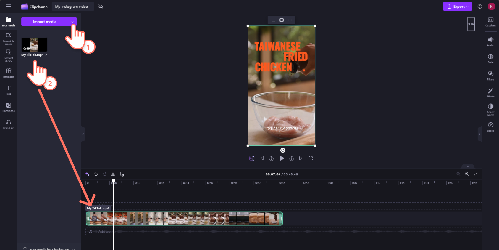 An image of a Clipchamp user who has uploaded a TikTok video into Clipchamp dragging and dropping their clip onto the editing timeline.