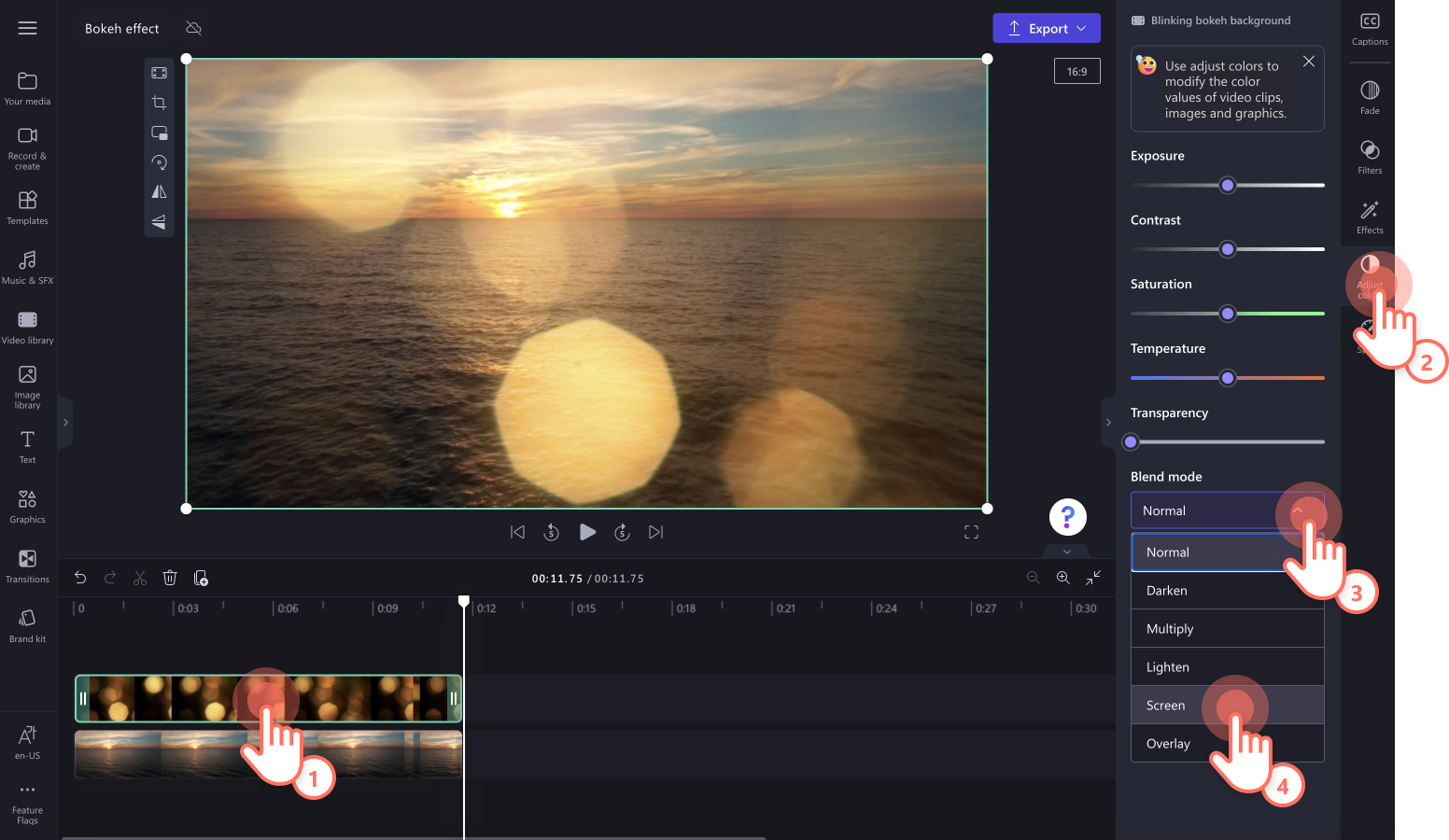 An image of a user adding blend mode to the video footage.