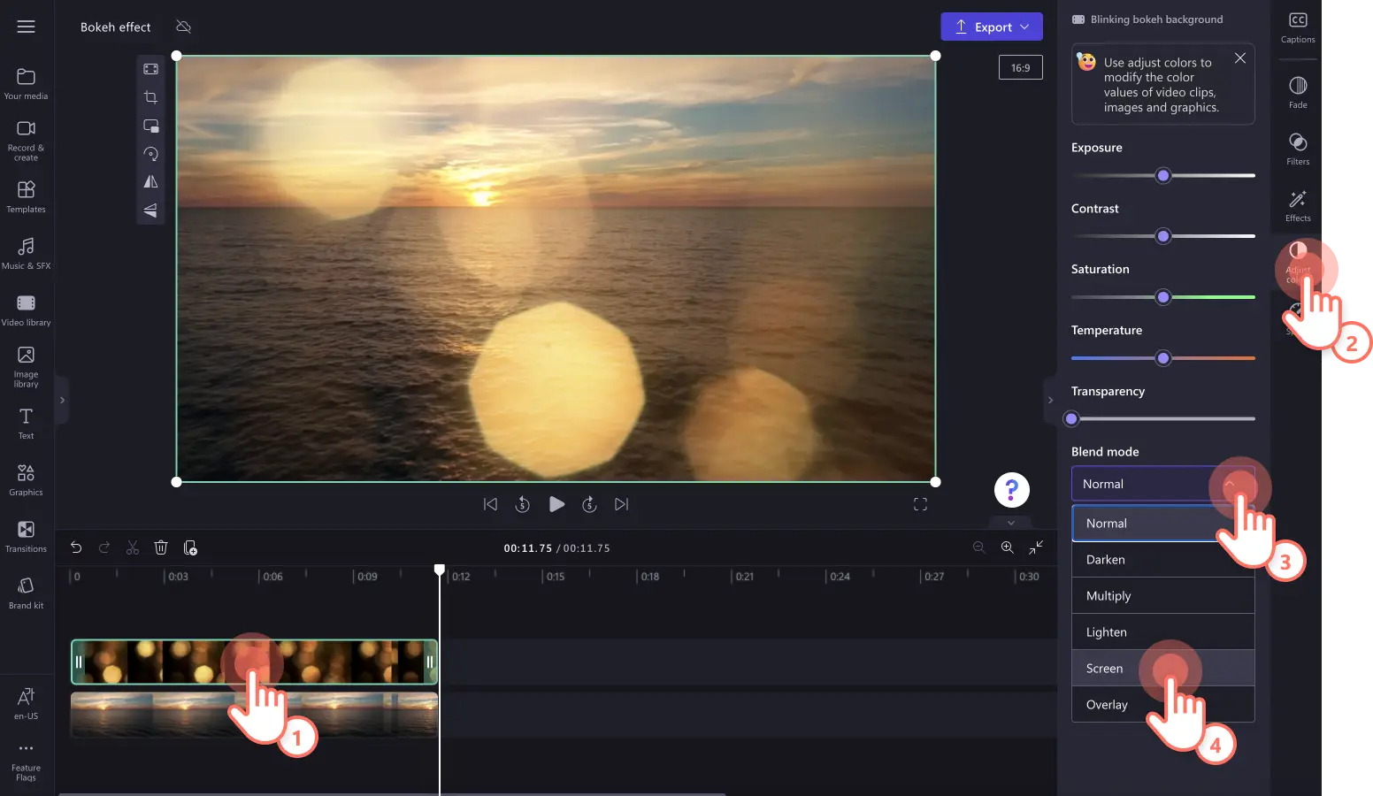 An image of a user adding blend mode to the video footage.