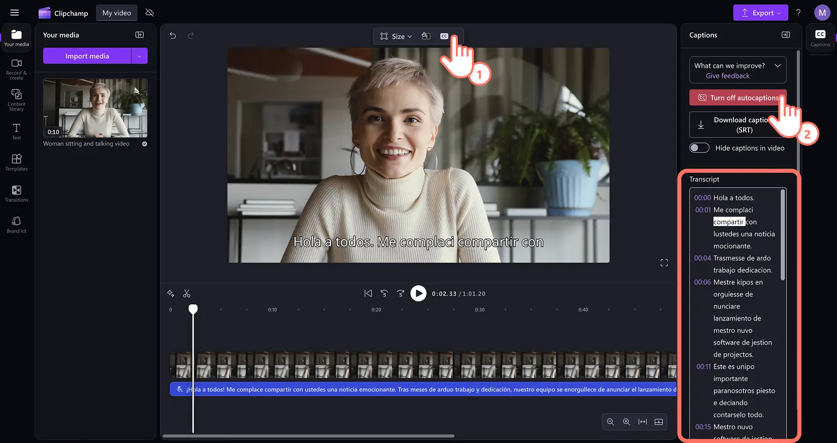 A user reviewing the video transcript of the Spanish video in Clipchamp video editor.