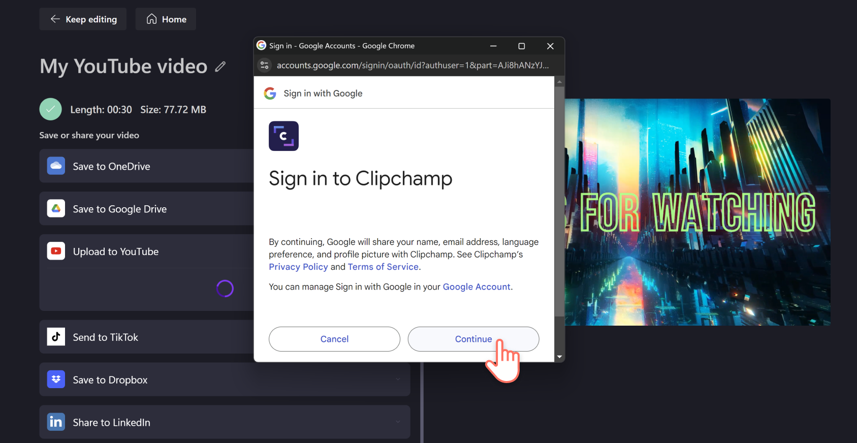 An image of a Clipchamp user clicking the continue button to sign into their YouTube account from Clipchamp.