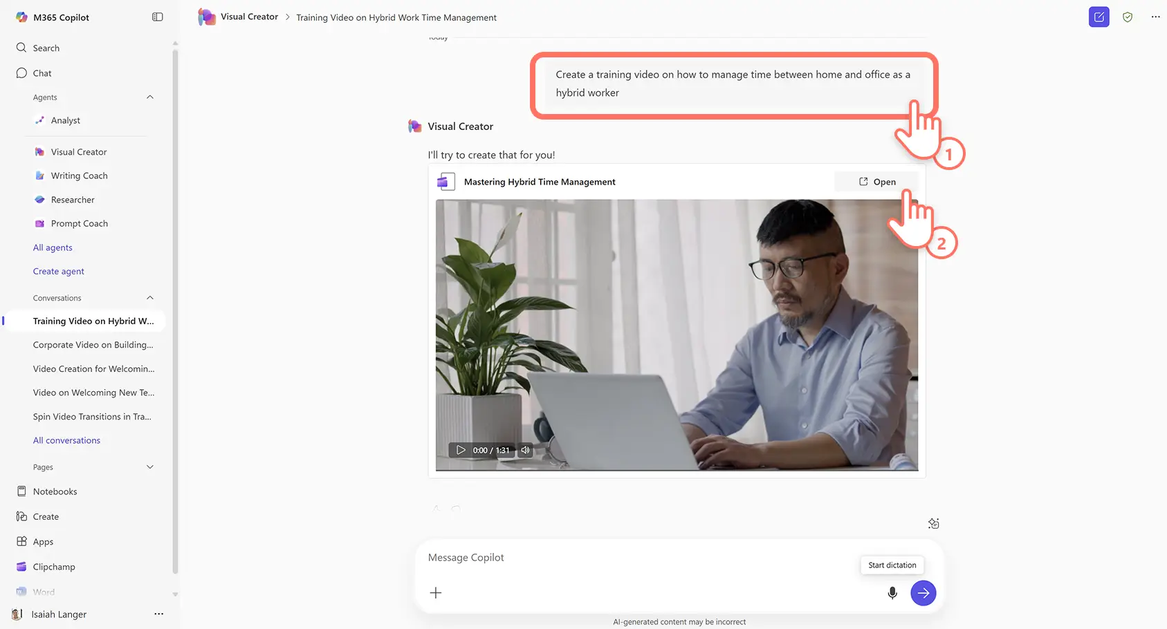 A user creating an AI training video using Visual Creator in Microsoft Copilot.