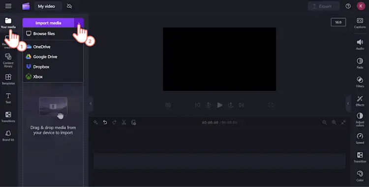 An image of a Clipchamp user importing media into the your media tab.