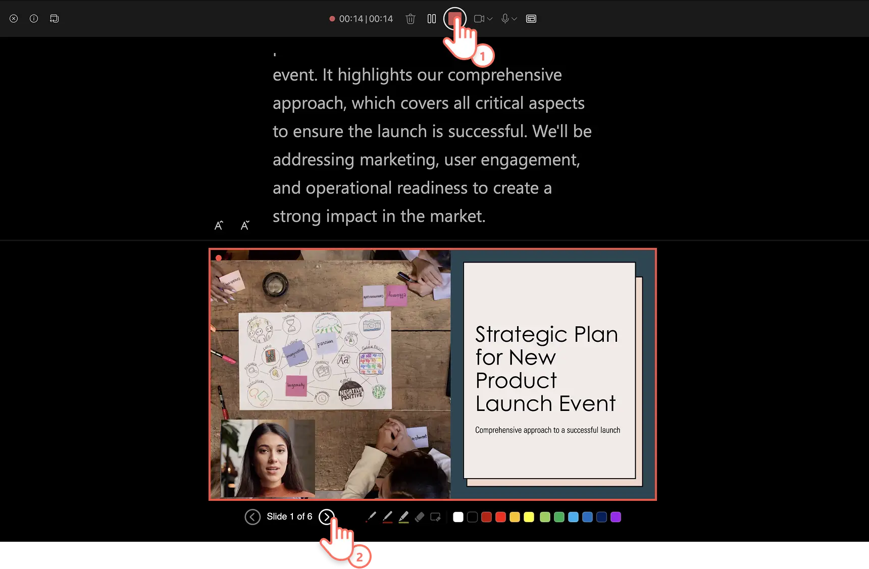 A user reading slides notes as a teleprompter and recording a narration in PowerPoint