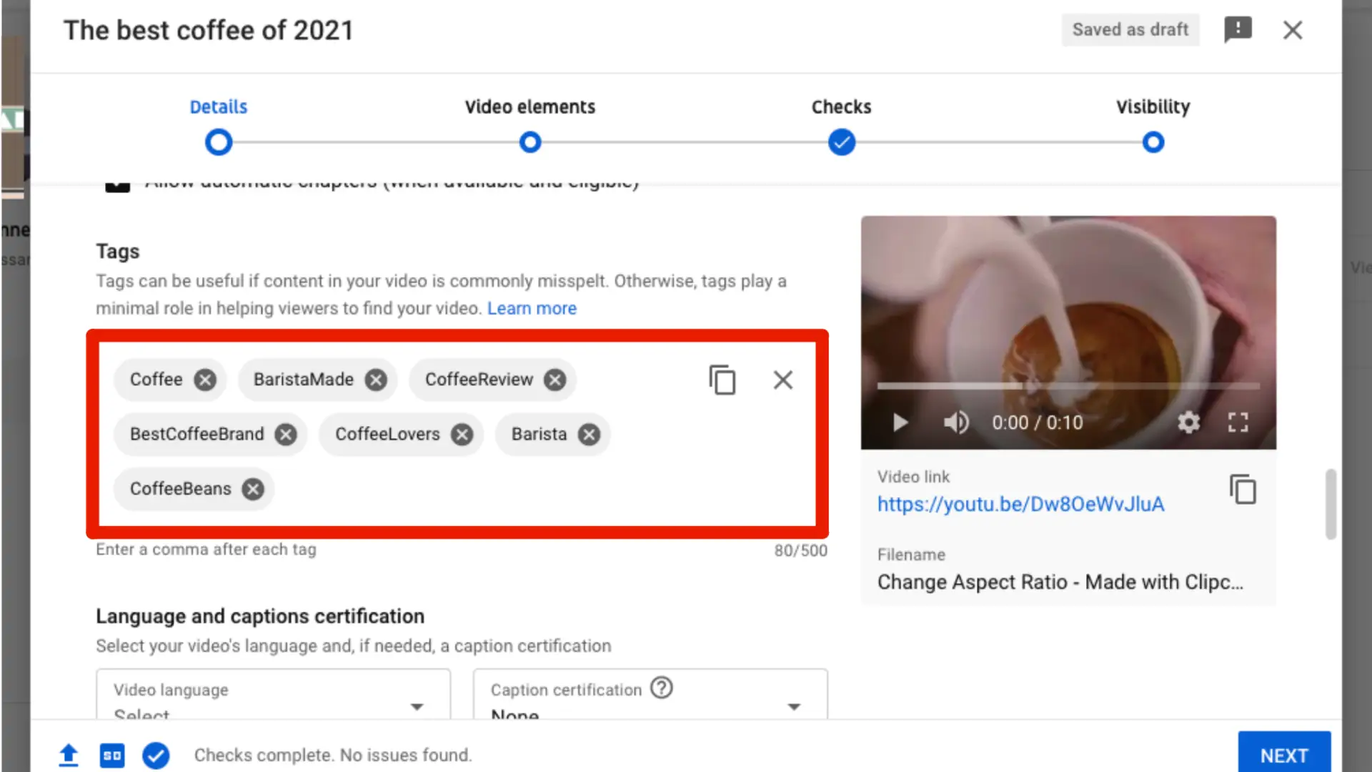 Vista previa de las etiquetas de YouTube en el proceso de carga de YouTube