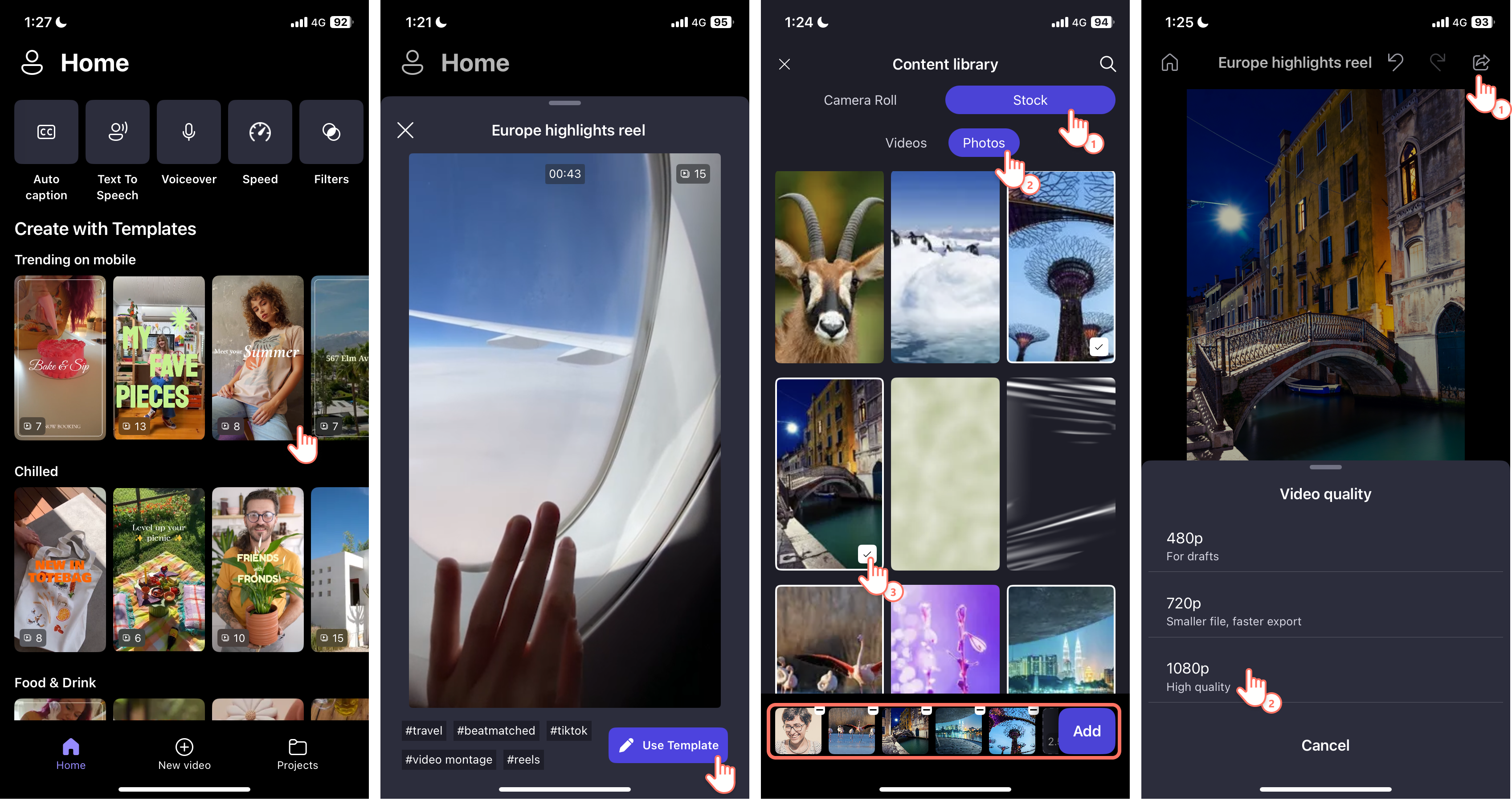 Screenshots of a Clipchamp user using the Clipchamp iPhone app to create a video.