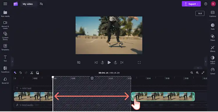 An image of a Clipchamp user dragging a split clip to the right of the timeline for editing space.