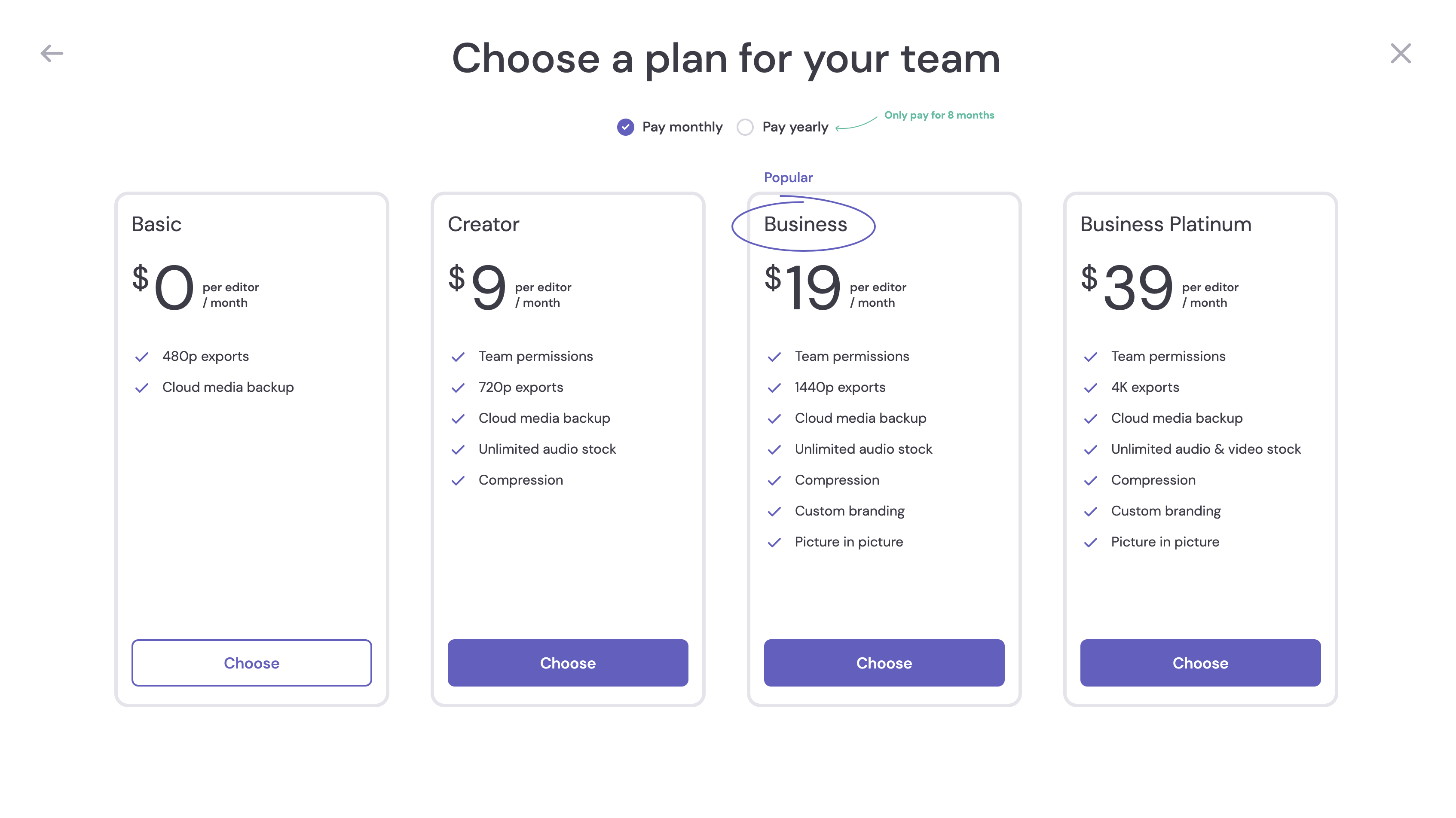 Team plans pricing (per editor, per month). Basic $0. Creator $9. Business $19. Business Platinum $39.